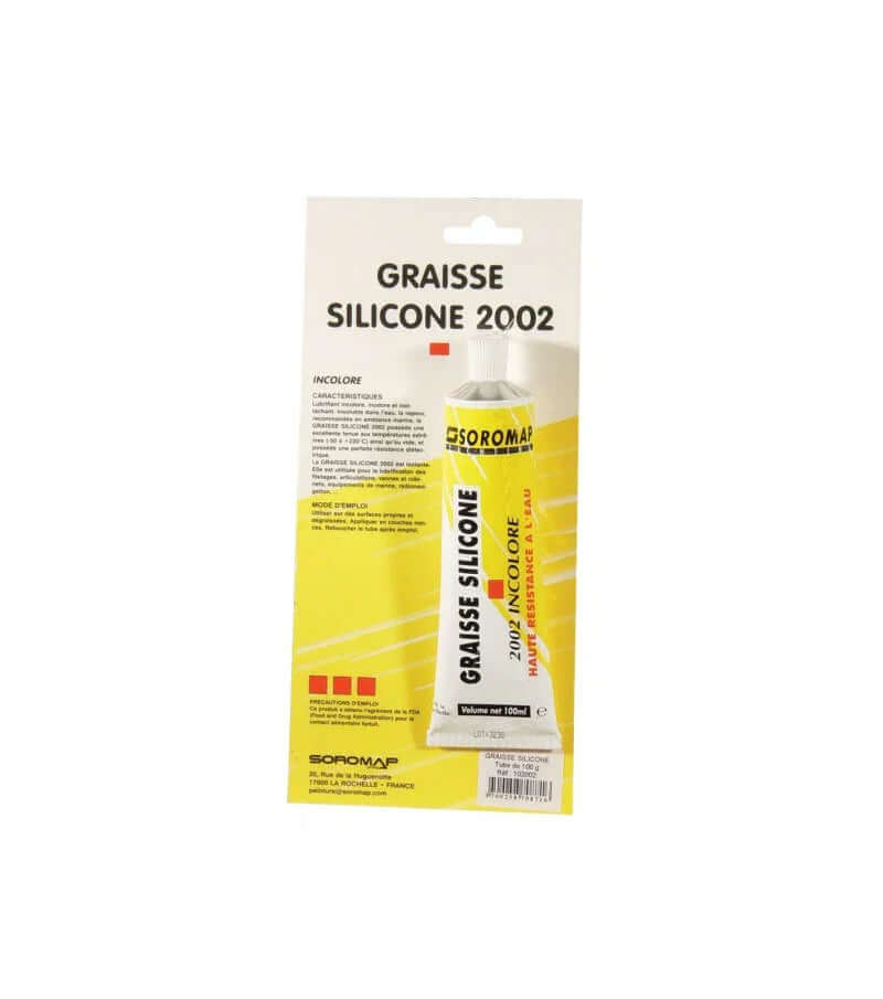 Graisse silicone tube 100g avec emballage et informations techniques en arrière-plan.