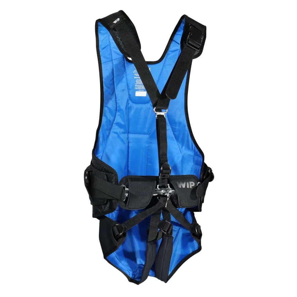Harnais de trapèze EXO HARNESS 3.0, conception technique en bleu, soutien lombaire et réglages ergonomiques.