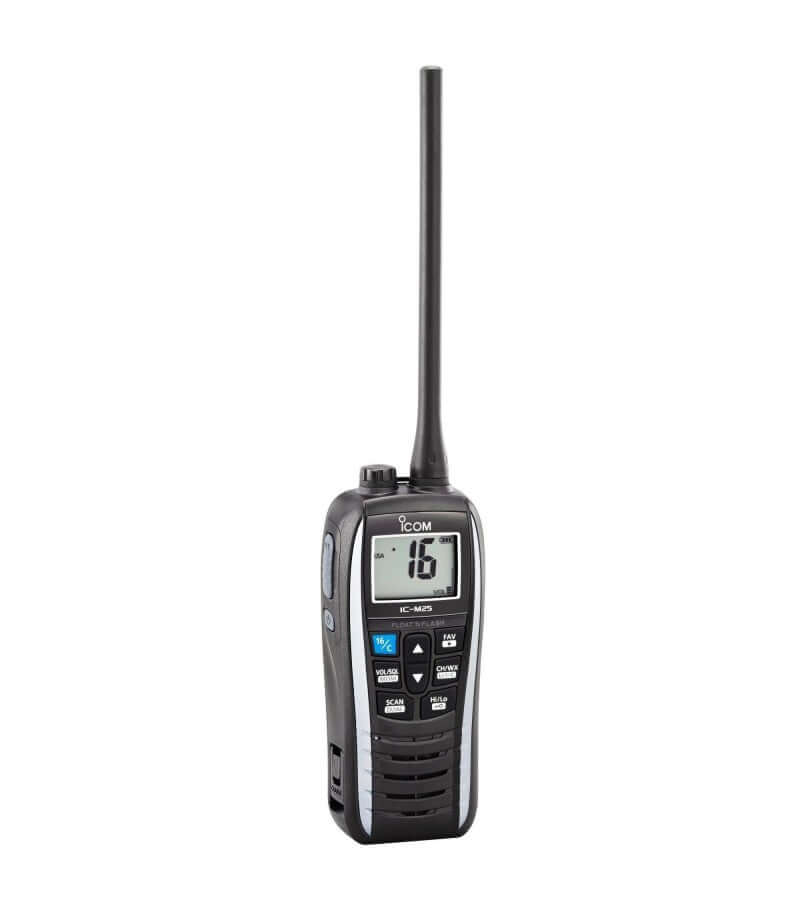 HF Portable ICOM IC-M25EURO 5W - IPX7 marine VHF radio with LCD screen and floating design.
