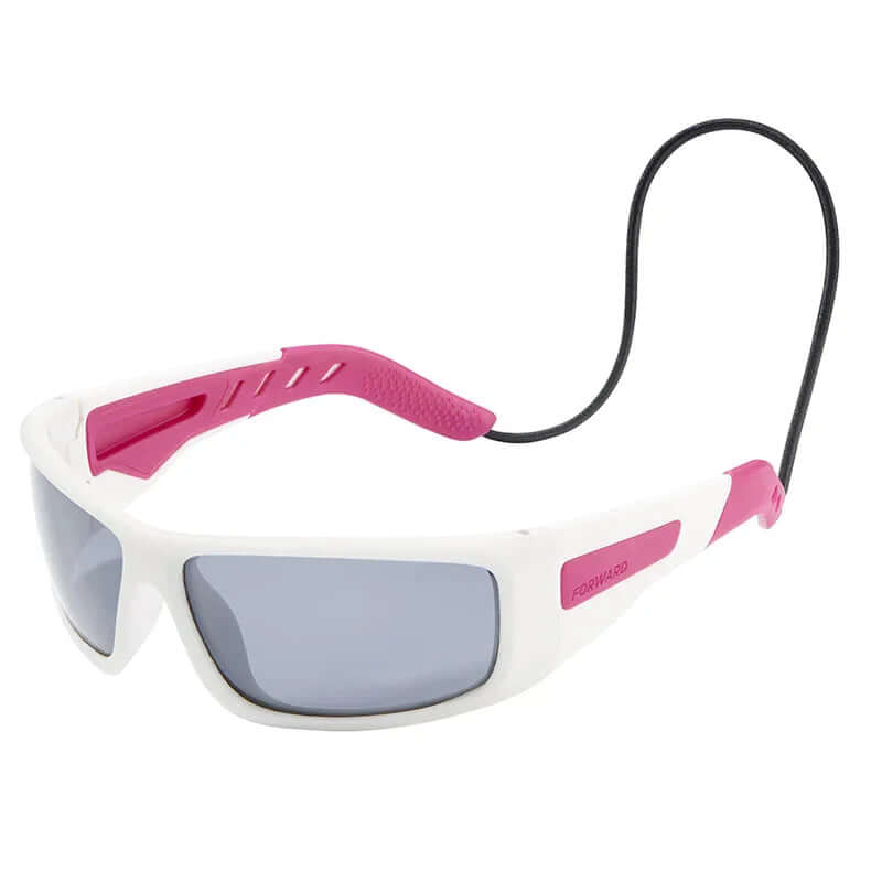 Lunettes GUST EVO POLARIZED Junior avec monture blanche et détails roses, idéales pour la pratique nautique.