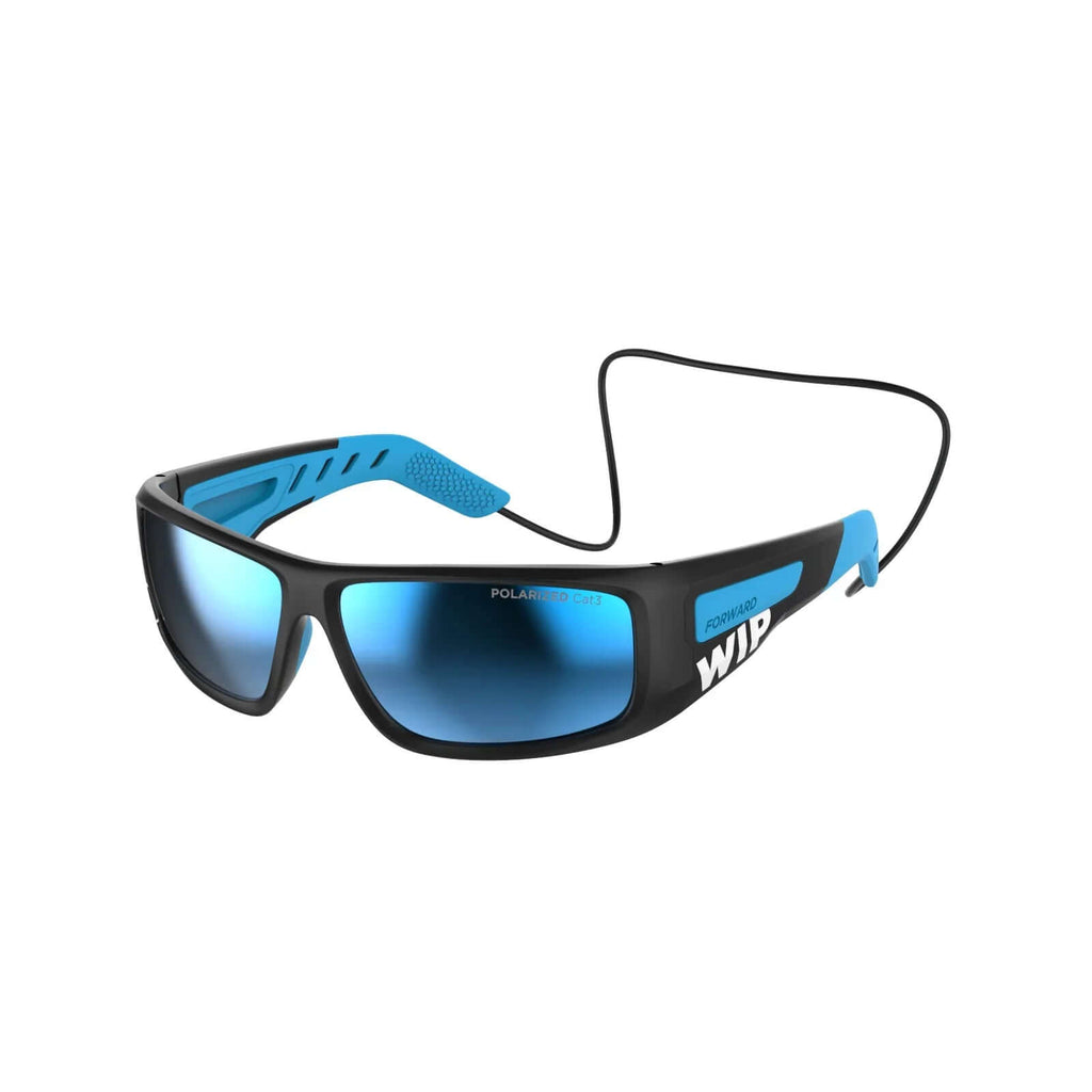 Lunettes GUST EVO POLARIZED Junior avec monture noire et bleue, verres polarisés pour une protection optimale sur l'eau.