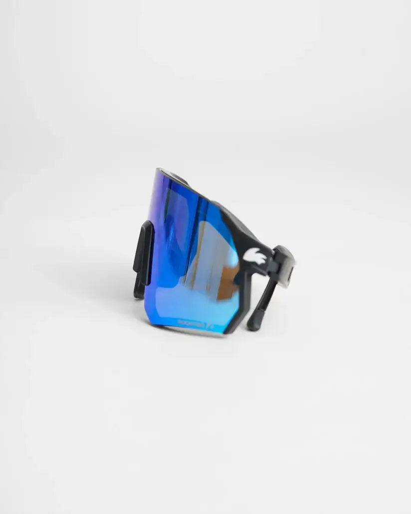 Lunettes polarisées avec verres miroir, monture sans cadre et protection contre l'éblouissement.
