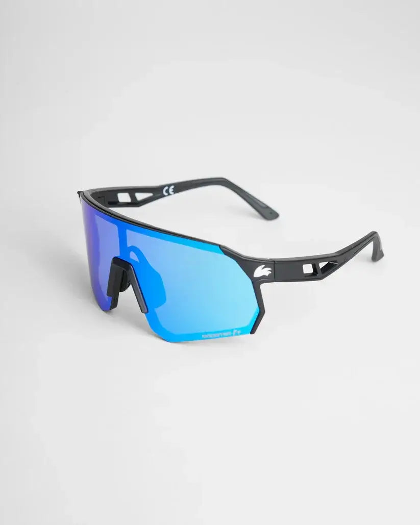 Lunettes polarisées avec verres miroités bleus et monture sans cadre, offrant protection UVA/UVB.