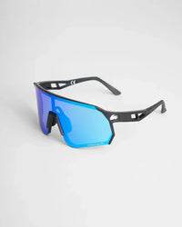 Lunettes polarisées avec verres miroités bleus et monture sans cadre, offrant protection UVA/UVB.