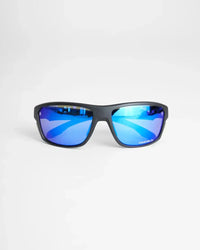 Lunettes sport polarisées avec verres bleus et monture noire, offrant protection UVA/UVB.