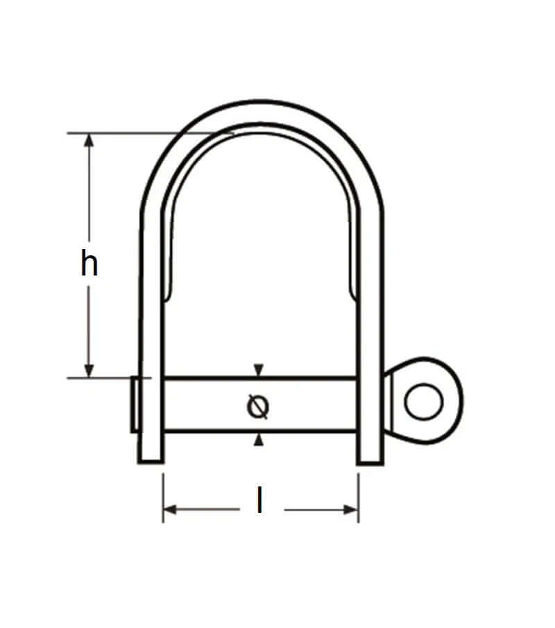 Manille imperdable Ø5mm - 14/40mm + anneau Ø12, illustration technique avec dimensions h et l.