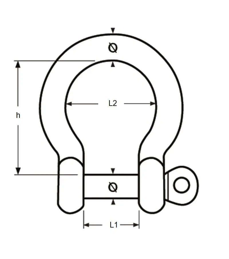 Schéma technique de la Manille lyre inox pleine - Inox A4 4mm avec dimensions L1 et L2.