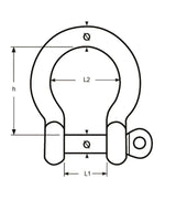 Schéma technique de la Manille lyre inox pleine - Inox A4 4mm avec dimensions L1 et L2.