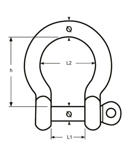 Schéma technique de la Manille lyre inox pleine - Inox A4 4mm avec dimensions L1 et L2.