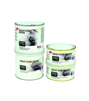 Mastic époxy + catalyseur 1/1 en pots illustrant un système bicomposant pour une finition rapide.
