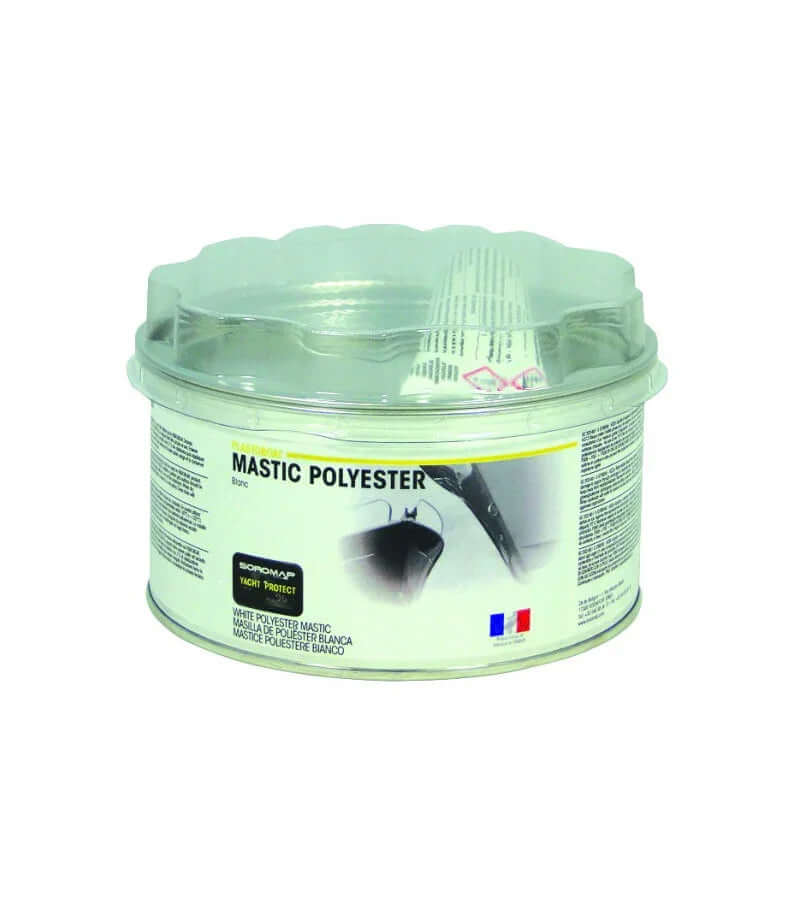 Mastic polyester de finition en pot de 250 g pour application de finition et réparation en carrossserie.