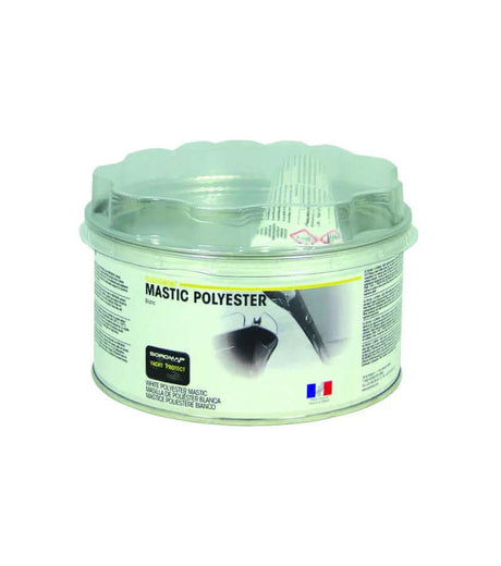 Mastic polyester de finition en pot de 250 g pour application de finition et réparation en carrossserie.