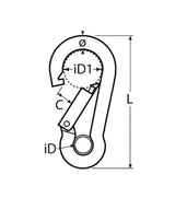 Schéma technique du Mousqueton à oeil Inox A4 avec dimensions et spécifications.