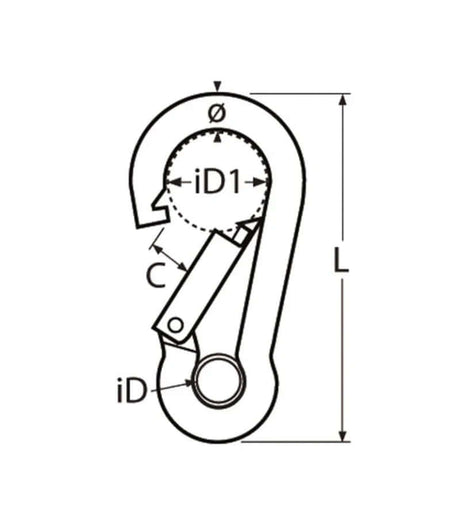 Schéma technique du Mousqueton à oeil Inox A4 avec dimensions et spécifications.