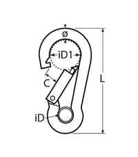 Schéma technique du Mousqueton à oeil Inox A4 avec dimensions et spécifications.