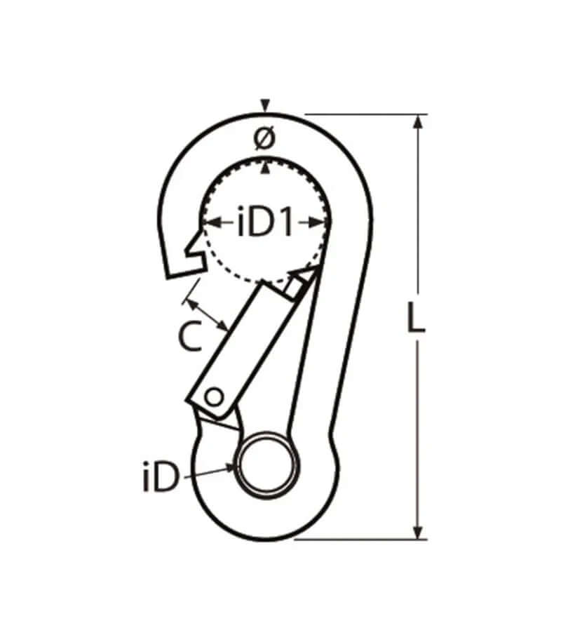 Schéma technique du Mousqueton à oeil Inox A4 avec dimensions et spécifications.