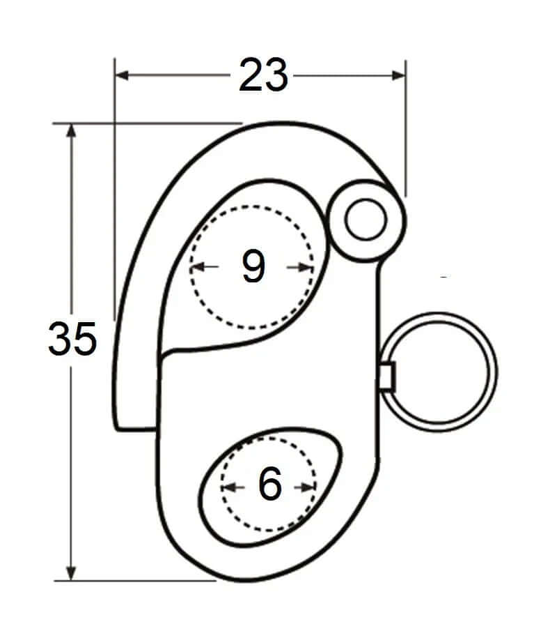Schéma technique du mousqueton de drisse INOX, dimensions 23x35 mm avec indication des points de largage.