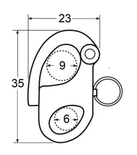 Schéma technique du mousqueton de drisse INOX, dimensions 23x35 mm avec indication des points de largage.