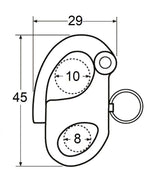 Schéma technique du Mousqueton de drisse INOX avec dimensions de 45 mm et caractéristiques de conception.