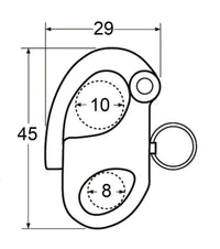 Schéma technique du Mousqueton de drisse INOX avec dimensions de 45 mm et caractéristiques de conception.
