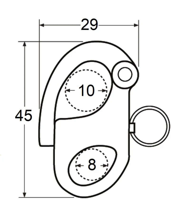 Schéma technique du Mousqueton de drisse INOX avec dimensions de 45 mm et caractéristiques de conception.