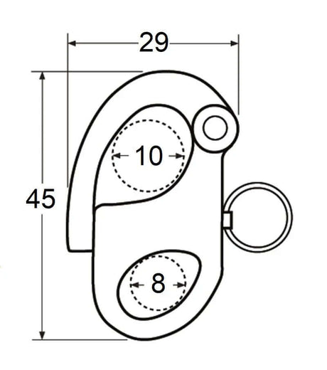 Schéma technique du Mousqueton de drisse INOX avec dimensions de 45 mm et caractéristiques de conception.