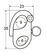 Schéma technique du mousqueton de drisse INOX, dimensions 23x35 mm avec indication des points de largage.