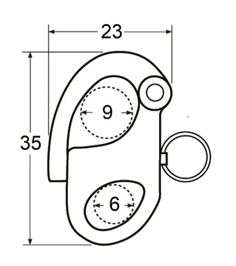 Schéma technique du mousqueton de drisse INOX, dimensions 23x35 mm avec indication des points de largage.