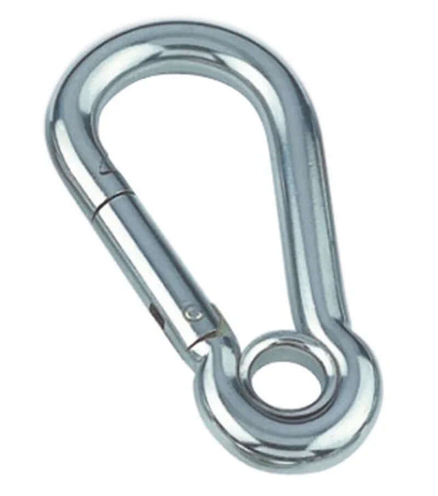 Mousqueton à oeil Inox A4 en acier inoxydable A4, diamètre 8 mm, longueur 50 mm, œil renforcé.