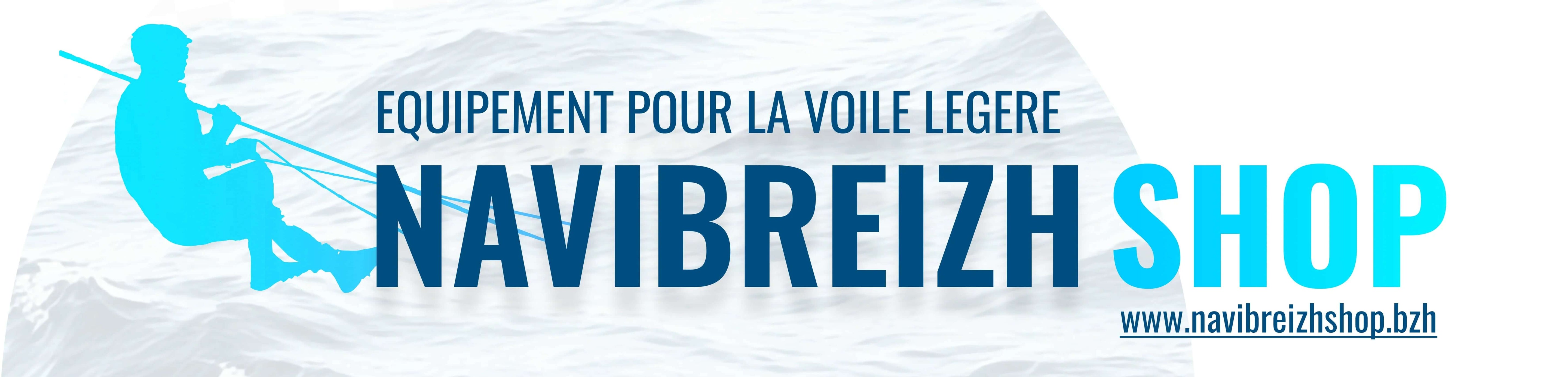 Logo de Navibreizh Shop avec l'inscription 'Equipement pour la voile légère' et site web www.navibreizhshop.bzh.