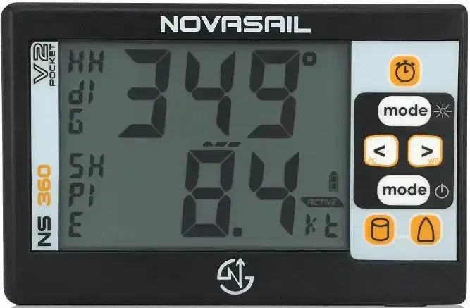 Affichage de données du compas de régate speedo NS360 Pocket V2 avec écran LCD et boutons de commandes.