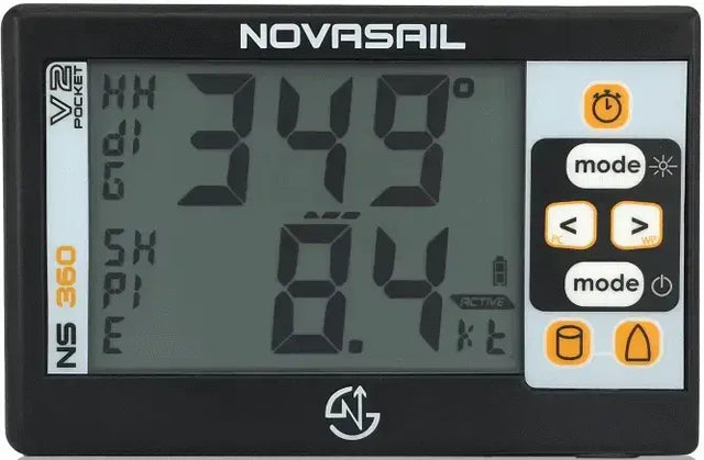 Affichage de données du compas de régate speedo NS360 Pocket V2 avec écran LCD et boutons de commandes.