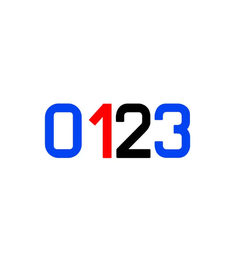 Numéro de voile 230mm - design avec les chiffres 0, 1, 2, 3 en noir, rouge et bleu sur fond blanc.