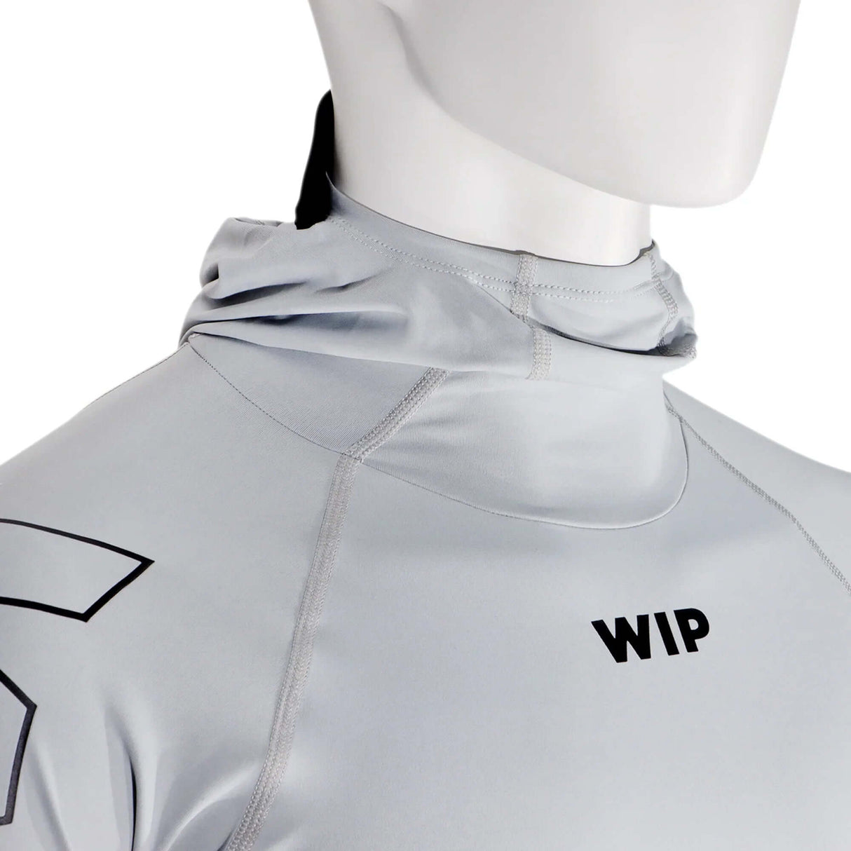Overtop HOODED UV RASHGUARD LONG SLEEVE close-up showing integrated hood and collar design.