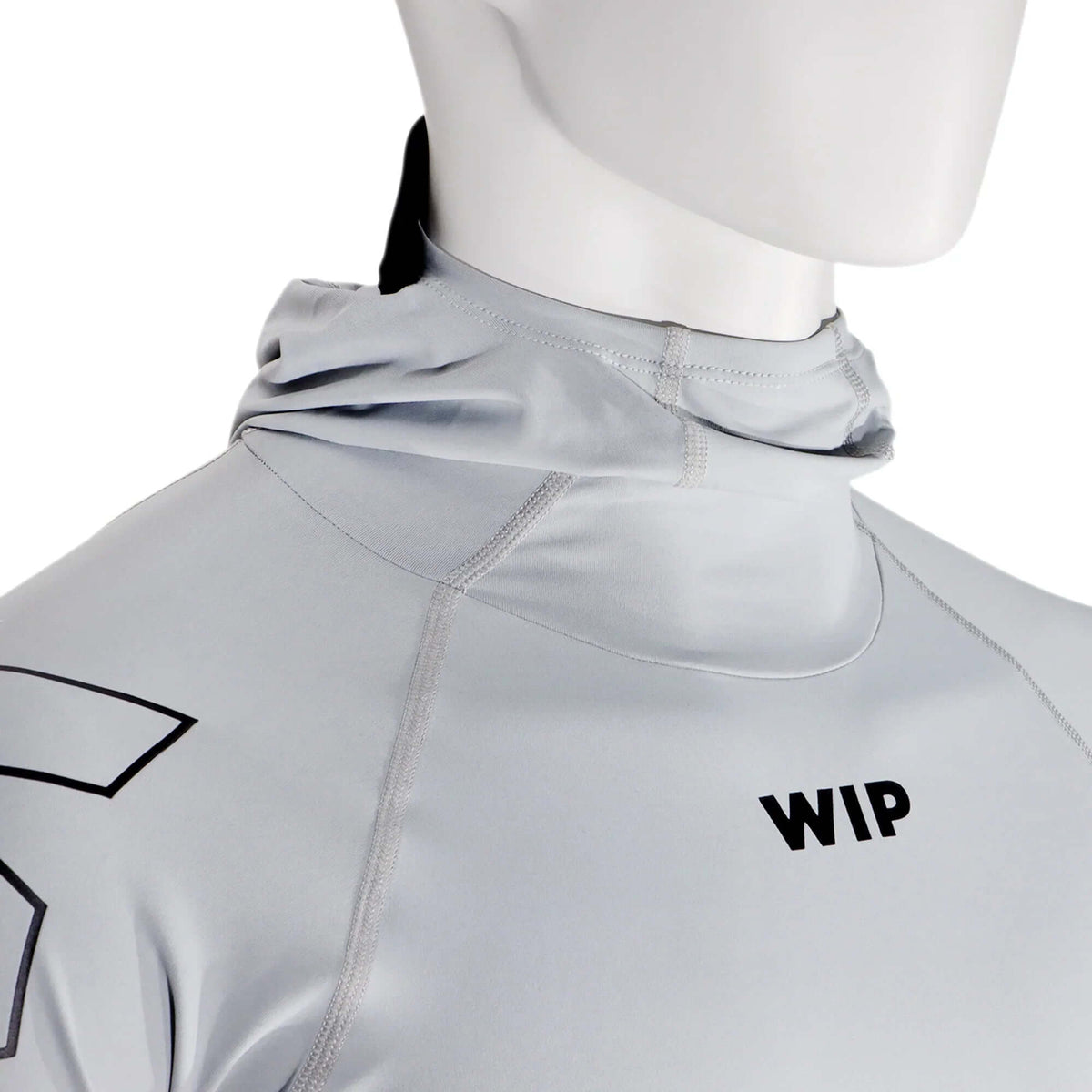 Overtop HOODED UV RASHGUARD LONG SLEEVE close-up showing integrated hood and collar design.