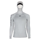 Overtop HOODED UV RASHGUARD LONG SLEEVE en polyamide spandex léger avec cagoule intégrée pour protection UV.