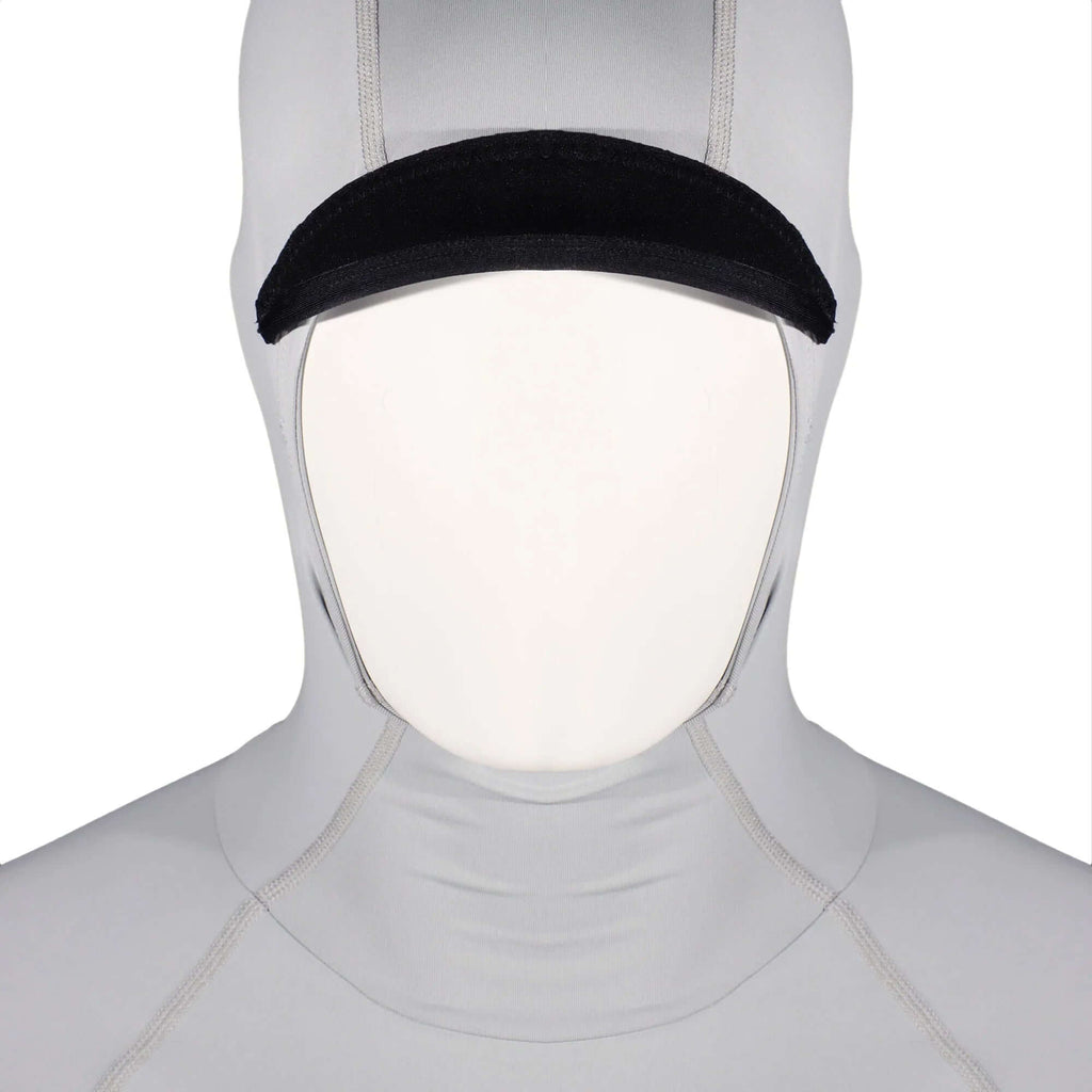 Overtop HOODED UV RASHGUARD LONG SLEEVE with integrated hood and neoprene visor for UV protection.