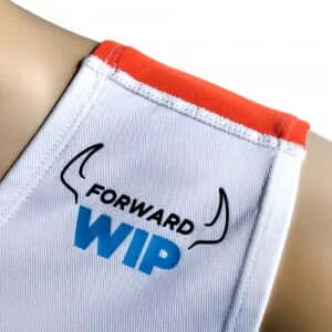 Overtop RACE TANK TOP showing the shoulder area with red and white fabric and 'FORWARD WIP' logo.