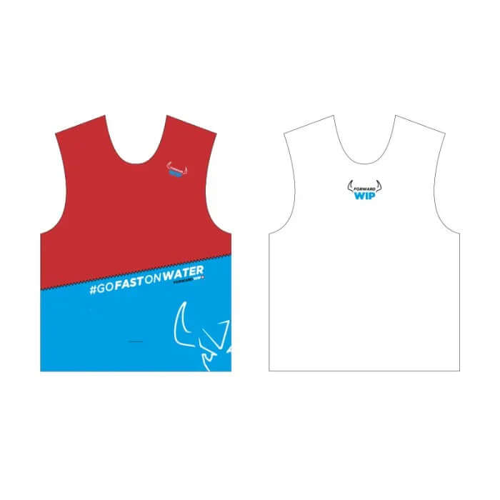 Overtop RACE TANK TOP rouge et bleu avec motifs, vu de face et de dos.