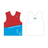 Overtop RACE TANK TOP rouge et bleu avec motifs, vu de face et de dos.