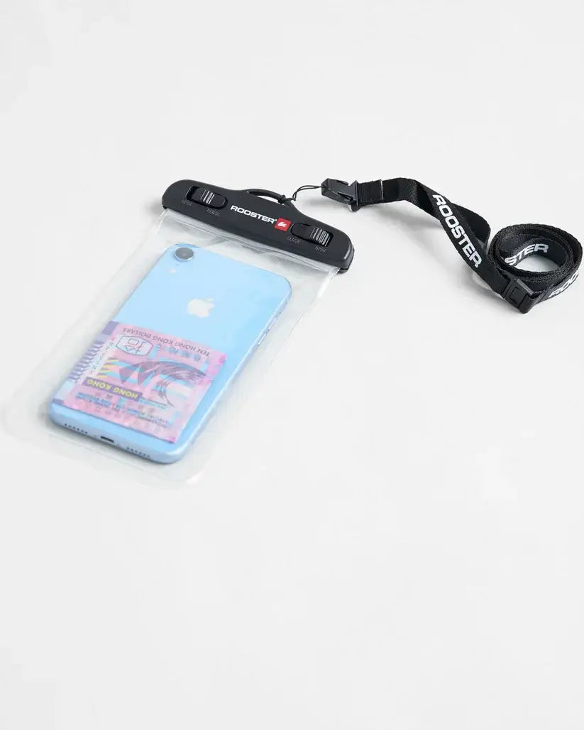 Pochette étanche pour téléphone portable Rooster avec téléphone à l'intérieur et lanière.