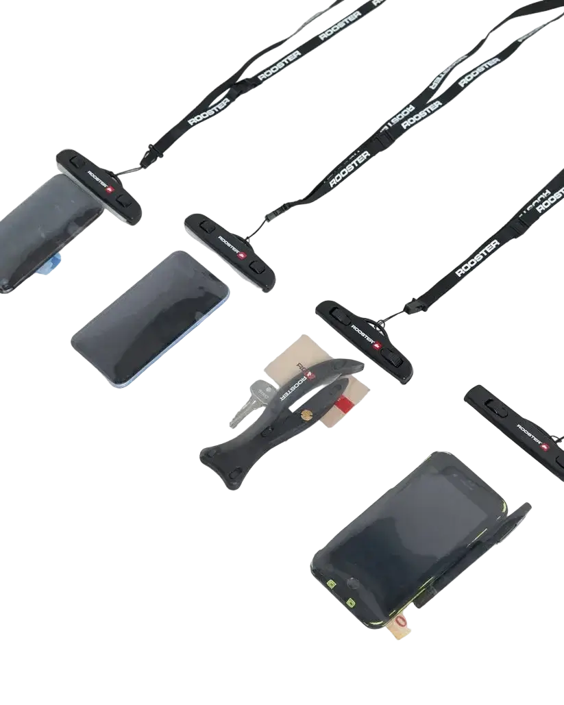 Pochette étanche pour téléphone portable avec fenêtres ClearView™ et dispositif de sécurité Rooster.