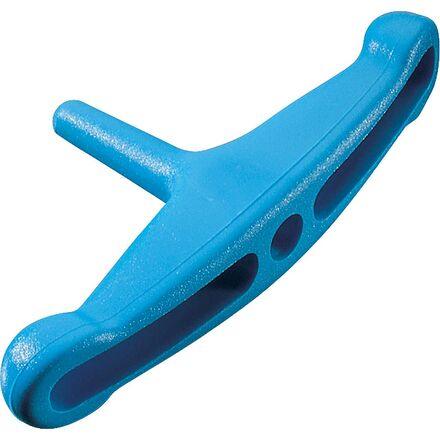 Poignée de trapèze bleue en plastique, conçue pour une utilisation technique et pratique.