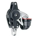 Poulie Carbo 40 mm Ratchet à Ringot/taquet, vue détaillée de la poulie avec manillon et réa.