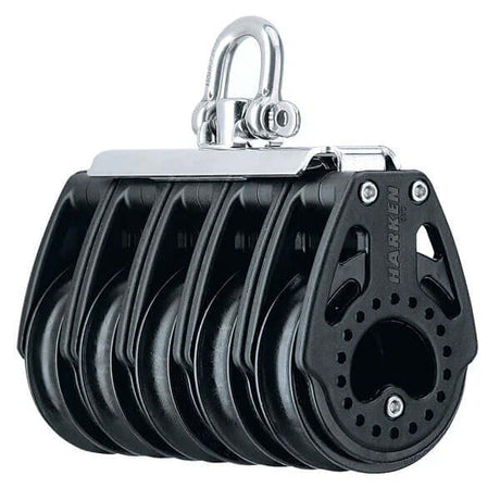 Poulie Carbo 57 mm à 5 réas, conçue pour faible friction et haute fiabilité, diamètre du réa 57 mm.
