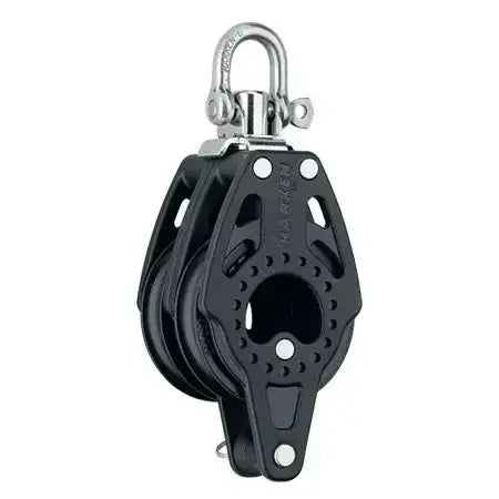 Poulie Carbo double Ringot 57 mm de Harken, légère et robuste, conçue pour des réglages fiables sous fortes charges.