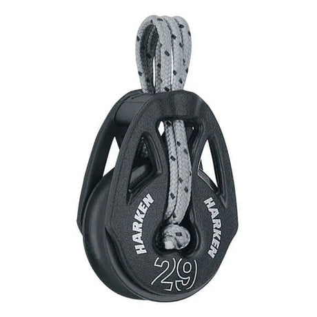 Poulie Carbo T2 lashing 29 mm avec réa de 29 mm et cordage, spécifications techniques incluses.