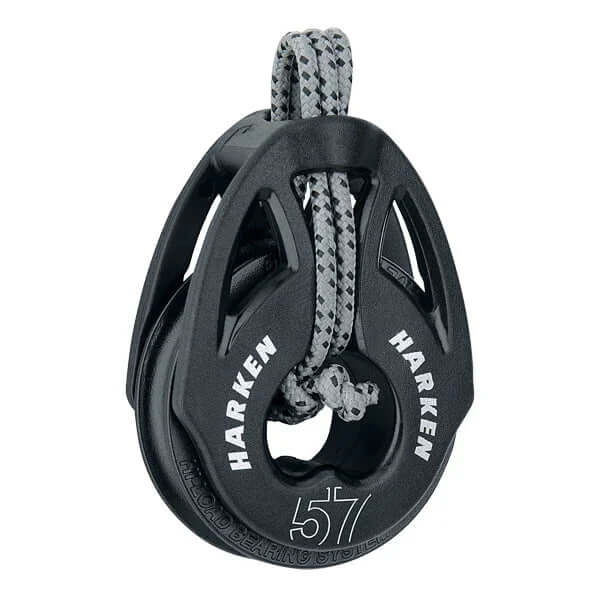 Poulie Carbo T2 lashing 57 mm avec corde, design en matériaux composites, fixation par transfilage.