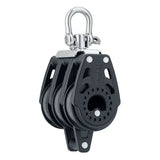 Poulie Carbo triple Ringot 40 mm vue de côté avec système d'attache en acier inoxydable.