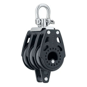 Poulie Carbo triple Ringot 40 mm vue de côté avec système d'attache en acier inoxydable.